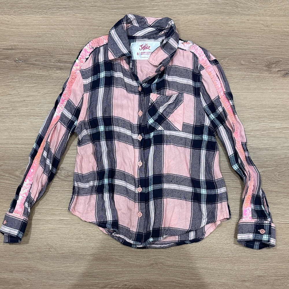 Justice Pink and Black Plaid Button Down Shirt with Sequins